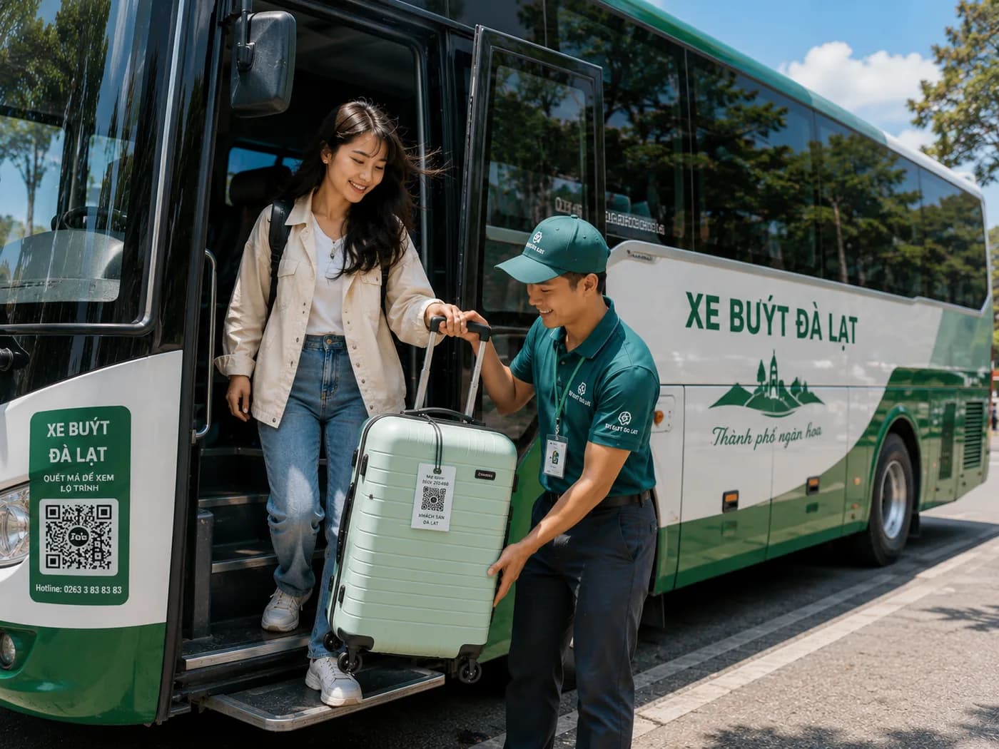 Nhân viên Ký Gửi Vali hỗ trợ hành khách nhận vali tại xe buýt Đà Lạt