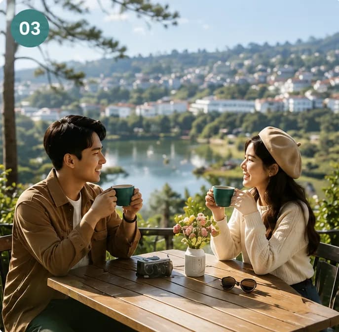 Du khách thưởng thức cà phê ở Đà Lạt không phải mang theo hành lý
